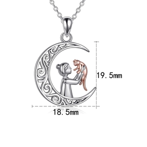 Macro detail of S925 moon pendant with girl and rose gold cat, size 19.5x18.5mm