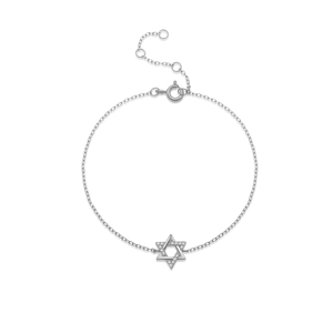 Elegant S925 sterling silver hexagram bracelet with sparkling zircon inlays on white backdrop