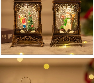 Close-up of a bronze Christmas lantern with moving snowflakes and LED lights in snow