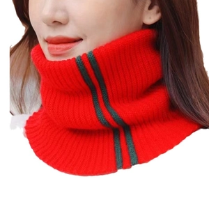 Women's red striped knit turtleneck collar neck warmer in warm ribbed material