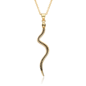 Elegant gold-plated snake necklace with micro-set black stones on a white background
