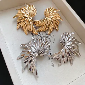 Exaggerated Pleated Fan Shaped Metal Drop Earrings For Women Statement Textured Wing Alloy Jewelry With Steel Earring Post