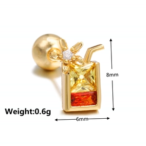 Detailed size view of a gold drink box stud earring with red and yellow zircon stones