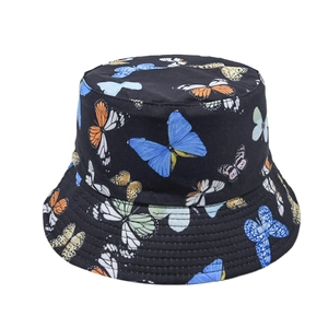 Women's black bucket hat with colorful butterfly print and sturdy stitched brim