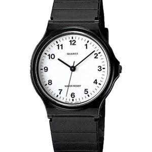 Close-up of a silent quartz watch with white dial and clear black numeric markers