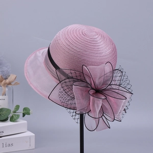 Summer pink organza flower bucket hat with black lace trim for women sun protection