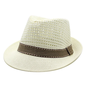 Close-up of cream woven sun hat with breathable mesh and striped decorative ribbon
