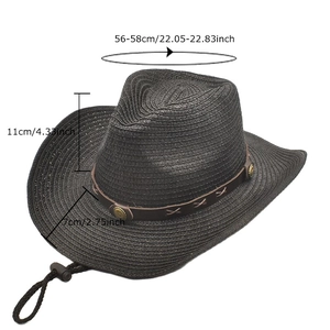 Black western straw cowboy hat with brown leather band and adjustable chin strap