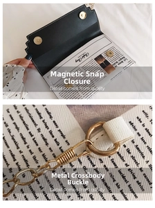 Detail of vintage newspaper print bag showing magnetic snap closure and gold chain buckle