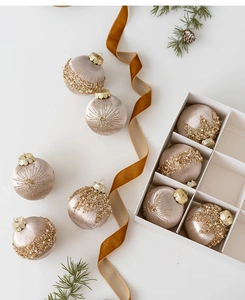 Detailed view of champagne gold velvet Christmas ornaments with sequins and ribbons