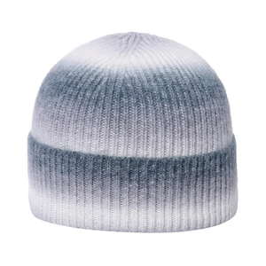 Detail of soft ribbed knit texture showing the blue and grey gradient on the winter hat