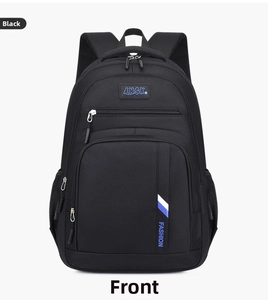 Detailed front view of black business backpack with waterproof fabric and zippers