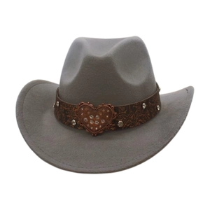 Detail of grey felt cowboy hat with paisley brown belt and rhinestone heart buckle