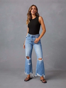 Jean Large Déchiré Femme Taille Haute Délavé Ourlet Effiloché Pantalon Flare Streetwear Bleu Mélange Coton