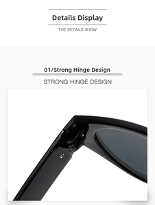 Detail view of the sturdy metal hinge design and glossy black frame on these cat eye sunglasses