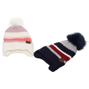 Winter striped knit beanies for kids featuring warm faux fur pom-poms and leather star patches
