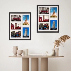 Set of two black minimalist 5-opening photo frames for wall collage display