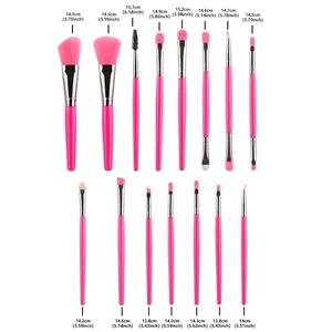 Size chart for 15-piece makeup brush set including powder and eye brushes with dimensions
