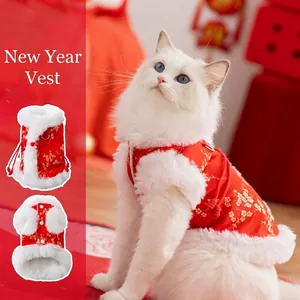 Haustier Chinesisches Neujahr Tang Anzug Weste Roter Brokat Goldstickerei Kunstpelzbesatz Warme Winterkleidung Für Katzen