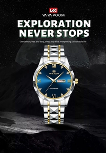 Detail view of quartz watch showing day-date window and blue sunburst dial with Roman numerals