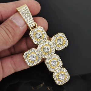 Hip hop gold cross pendant necklace with clear crystals and cuban chain for men and women