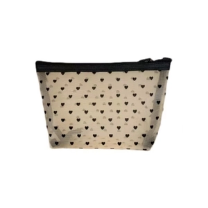 Mesh makeup bag with heart pattern and zipper closure for versatile storage