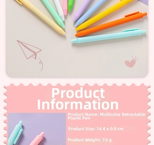 Detail of macaron-colored retractable plastic pens showing dimensions 14.4x0.9cm and 7.6g weight