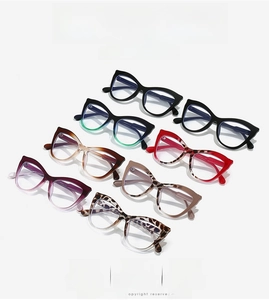 Cat eye glasses frames shown in eight various colors including tortoiseshell and gradients