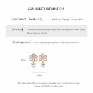 Detailed specs of pink resin flower earrings with heart zircon pendants and dimensions