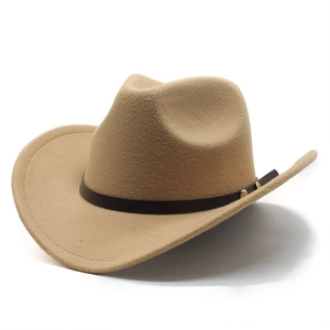 Detail of khaki felt cowboy hat featuring a brown leather band and gold metal buckle