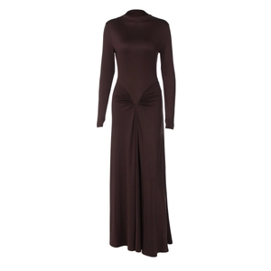 Detailed view of dark brown long-sleeved dress with elegant waist gathering and slim fit