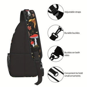 Sac bandoulière chat noir avec sangle champignon, boucles réglables et vues détaillées