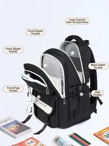 Black large capacity student backpack with multiple compartments and side pockets