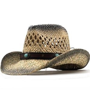 Western Cowboy Straw Hat With Turquoise Leather Band Vintage Wide Brim Breathable Sun Shade For Outdoor Beach Travel Unisex