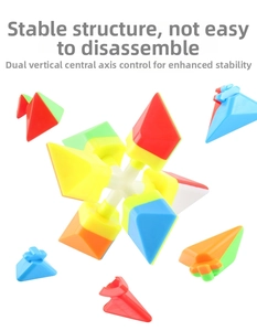 Detail showing the internal mechanism and colored components of a Pyraminx puzzle cube