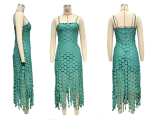 Three views showing green lace cutout midi dress with spaghetti straps and back zipper
