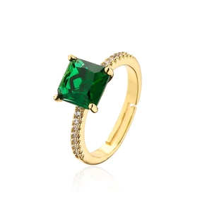 Adjustable gold plated emerald zircon ring featuring square cut green stone and side diamonds