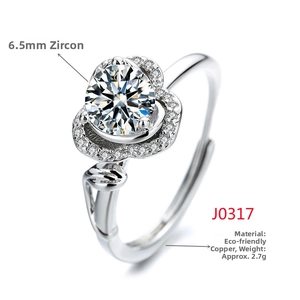 Close-up of silver flower ring with 6.5mm zircon center stone and eco-friendly copper