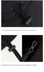 Detail of adjustable drawstring and detachable windproof rope on outdoor sun hat