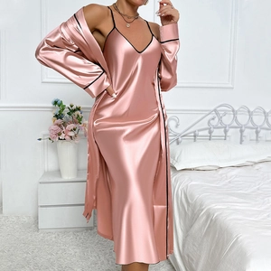 Silky pink ice silk pajama set for women including slip dress and belted long sleeve robe