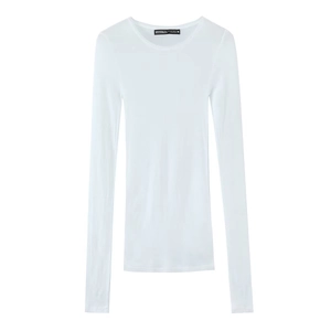 Slim fit white ribbed long sleeve T-shirt with crew neck design in flat lay view