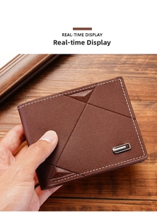 Detailed view of men's brown pebbled leather tri-fold wallet with geometric stitching