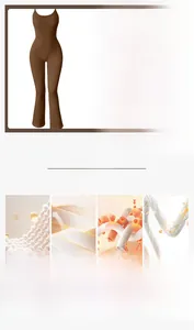 Detail view of coffee ribbed yoga jumpsuit featuring fleece lining and flared leg design