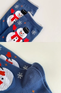 Close-up of blue Christmas socks featuring terry embroidery snowman and knitted texture