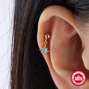 Golden S925 sterling silver earring with blue gemstone and hanging star pendant