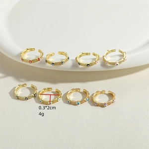 Set of 8 gold plated evil eye adjustable open rings with colorful enamel and zircon stones