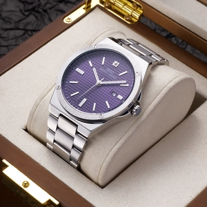 Men's silver stainless steel watch with purple textured dial and date display in box