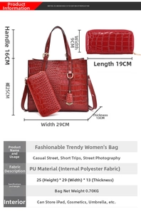 Größentabelle für Handtaschen-Set mit roter Krokodilprägung und Abmessungen