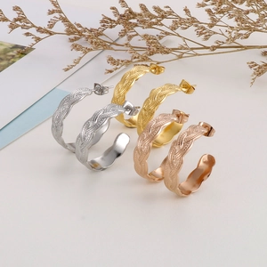Braided texture C-shape stainless steel earrings in gold, silver, and rose gold finishes