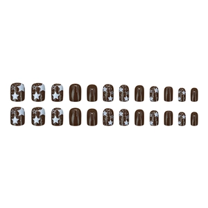 Chocolate brown star pattern press-on nails set with 24 pieces of glossy nail tips